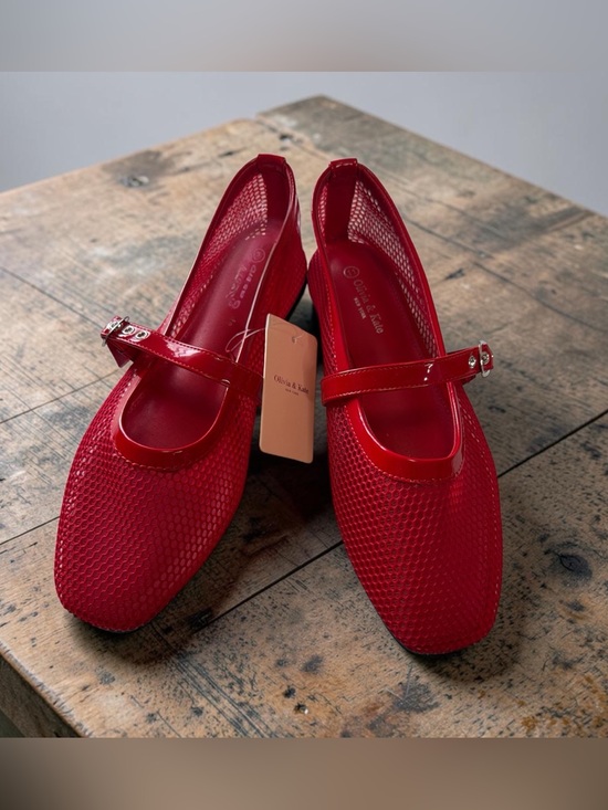 Olivia & Kate Shoes - Classic Red Mary Jane Flats with Patent Trim